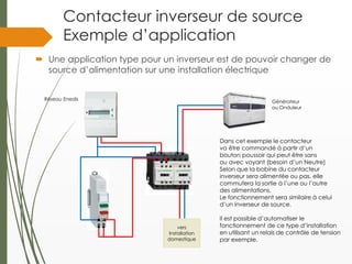 Contacteur inverseur de source
Exemple d’application
 Une application type pour un inverseur est de pouvoir changer de
source d’alimentation sur une installation électrique
Dans cet exemple le contacteur
va être commandé à partir d’un
bouton poussoir qui peut être sans
ou avec voyant (besoin d’un Neutre)
Selon que la bobine du contacteur
inverseur sera alimentée ou pas, elle
commutera la sortie à l’une ou l’autre
des alimentations.
Le fonctionnement sera similaire à celui
d’un inverseur de source.
Il est possible d’automatiser le
fonctionnement de ce type d’installation
en utilisant un relais de contrôle de tension
par exemple.
Réseau Enedis
Générateur
ou Onduleur
vers
Installation
domestique
 