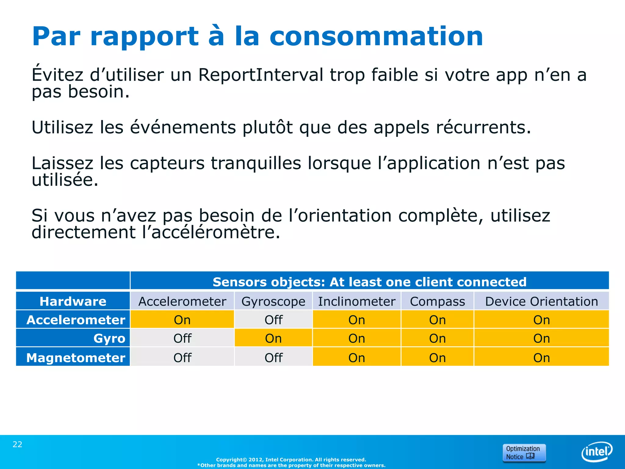 Par rapport à la consommation
     Évitez d’utiliser un ReportInterval trop faible si votre app n’en a
     pas besoin.

     Utilisez les événements plutôt que des appels récurrents.

     Laissez les capteurs tranquilles lorsque l’application n’est pas
     utilisée.

     Si vous n’avez pas besoin de l’orientation complète, utilisez
     directement l’accéléromètre.

                                     Sensors objects: At least one client connected
      Hardware       Accelerometer             Gyroscope                   Inclinometer                Compass   Device Orientation
     Accelerometer        On                            Off                           On                 On             On
             Gyro         Off                           On                            On                 On             On
     Magnetometer         Off                           Off                           On                 On             On




22
                                      Copyright© 2012, Intel Corporation. All rights reserved.
                                *Other brands and names are the property of their respective owners.
 