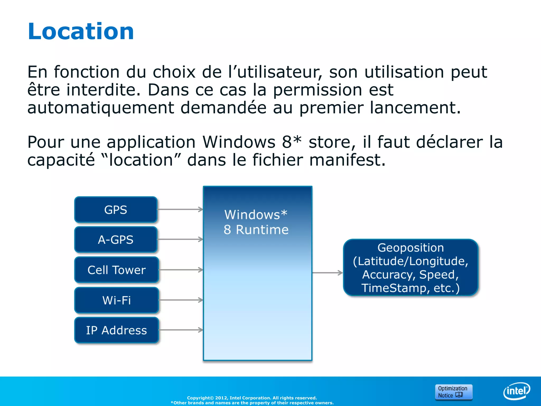 Location
En fonction du choix de l’utilisateur, son utilisation peut
être interdite. Dans ce cas la permission est
automatiquement demandée au premier lancement.

Pour une application Windows 8* store, il faut déclarer la
capacité “location” dans le fichier manifest.




                        Copyright© 2012, Intel Corporation. All rights reserved.
                  *Other brands and names are the property of their respective owners.
 