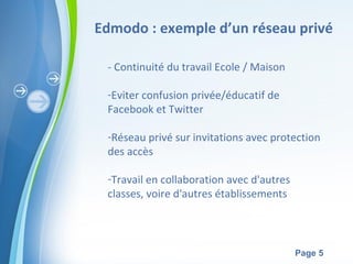Edmodo : exemple d’un réseau privé

 - Continuité du travail Ecole / Maison

 -Eviter confusion privée/éducatif de
 Facebo...