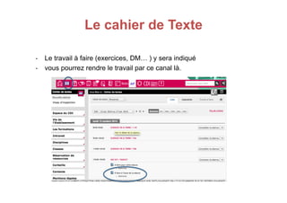 Le cahier de Texte
-‐ Le travail à faire (exercices, DM… ) y sera indiqué
-‐ vous pourrez rendre le travail par ce canal là.