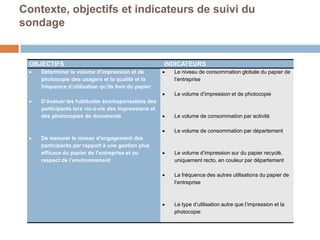 Contexte, objectifs et indicateurs de suivi du
sondage


 OBJECTIFS                                           INDICATEURS
    Déterminer le volume d’impression et de            Le niveau de consommation globale du papier de
    photocopie des usagers et la qualité et la         l’entreprise
    fréquence d’utilisation qu’ils font du papier
                                                       Le volume d’impression et de photocopie
    D’évaluer les habitudes écoresponsables des
    participants lors vis-à-vis des impressions et
    des photocopies de documents                       Le volume de consommation par activité

                                                       Le volume de consommation par département
    De mesurer le niveau d’engagement des
    participants par rapport à une gestion plus
    efficace du papier de l’entreprise et au           Le volume d’impression sur du papier recyclé,
    respect de l’environnement                         uniquement recto, en couleur par département

                                                       La fréquence des autres utilisations du papier de
                                                       l’entreprise



                                                       Le type d’utilisation autre que l’impression et la
                                                       photocopie
 
