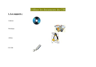 Utiliser les documents du CDI
1. Les supports :


Cédérom




Périodique




Affiche




Clé USB
 