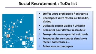 Social Recrutement : ToDo list

          • Etoffez votre profil perso / entreprise
          • Développez votre réseau su...