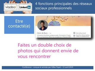4 fonctions principales des réseaux
sociaux professionnels
Etre
contacté(e)
Faites un double choix de
photos qui donnent envie de
vous rencontrer
Conférence - conçue et animée par Gilles Payet – 11 avril 2019
 