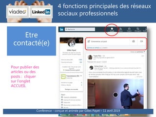 4 fonctions principales des réseaux
sociaux professionnels
Pour publier des
articles ou des
posts : cliquer
sur l’onglet
ACCUEIL
Etre
contacté(e)
Conférence - conçue et animée par Gilles Payet – 11 avril 2019
 