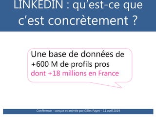 LINKEDIN : qu’est-ce que
c’est concrètement ?
Une base de données de
+600 M de profils pros
dont +18 millions en France
Conférence - conçue et animée par Gilles Payet – 11 avril 2019
 