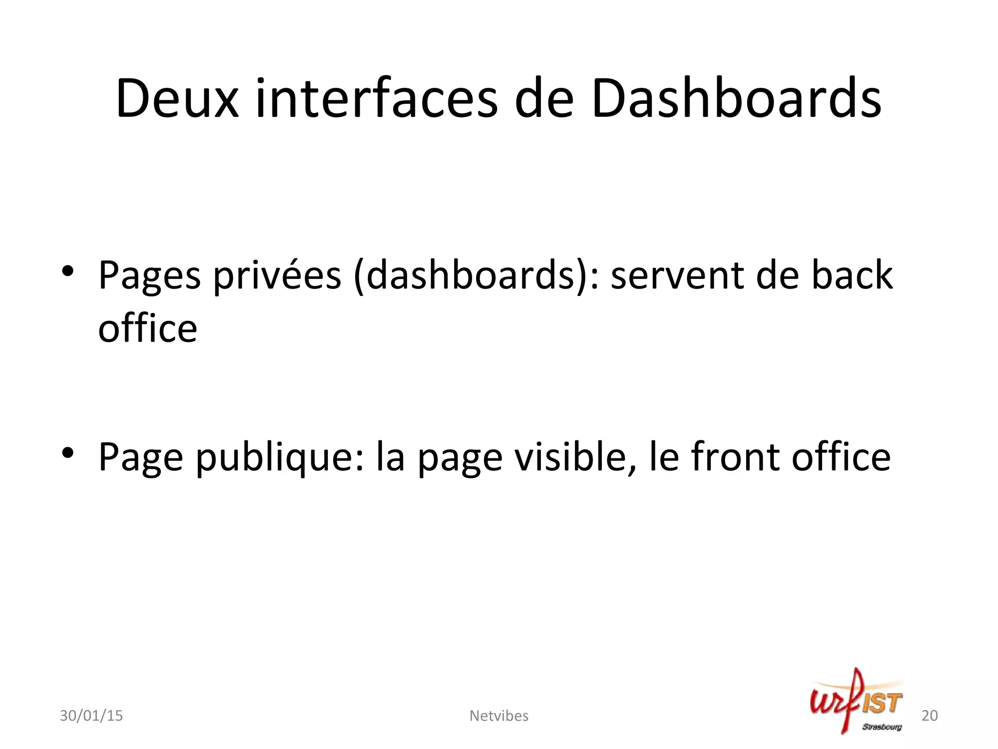 Deux interfaces de Dashboards
• Pages privées (dashboards): servent de back
office
• Page publique: la page visible, le front office
30/01/15 Netvibes 20
 