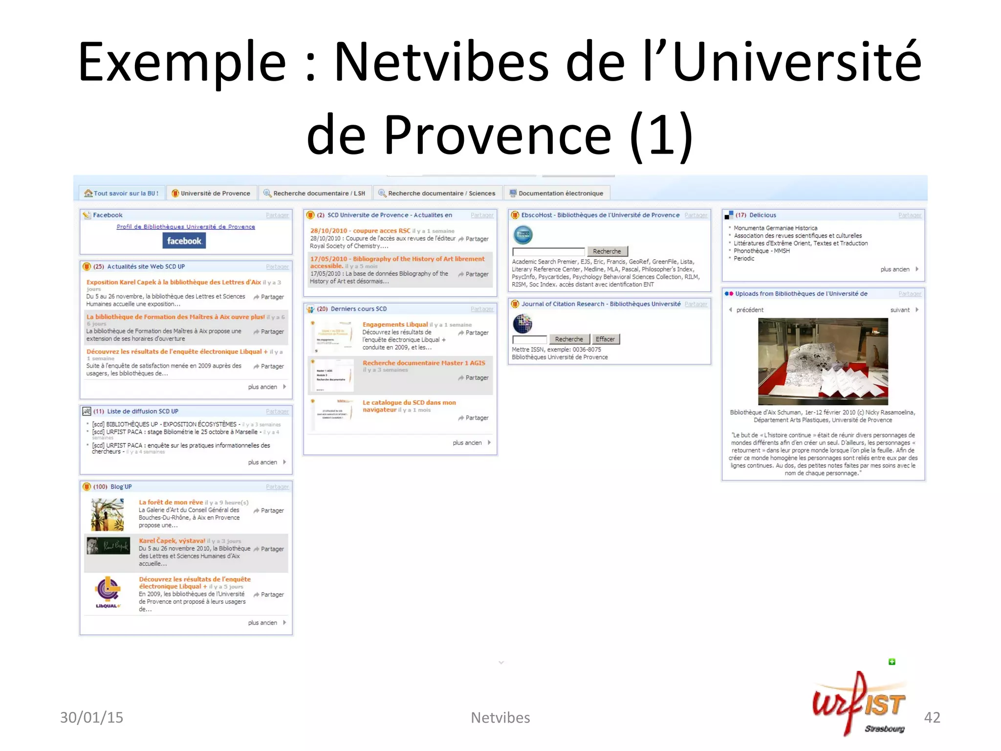 Exemple : Netvibes de l’Université
de Provence (1)
30/01/15 Netvibes 42
 
