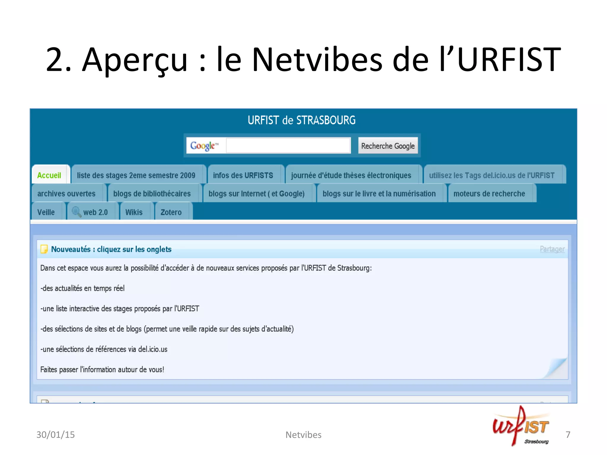 2. Aperçu : le Netvibes de l’URFIST
30/01/15 Netvibes 7
 
