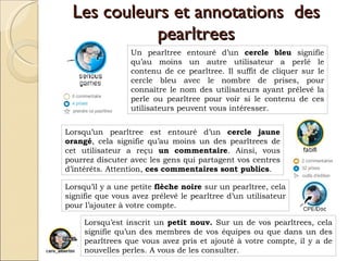 Les couleurs et annotations  des pearltrees Un pearltree entouré d’un  cercle bleu  signifie qu’au moins un autre utilisateur a perlé le contenu de ce pearltree. Il suffit de cliquer sur le cercle bleu avec le nombre de prises, pour connaître le nom des utilisateurs ayant prélevé la perle ou pearltree pour voir si le contenu de ces utilisateurs peuvent vous intéresser.  Lorsqu’un pearltree est entouré d’un  cercle jaune orangé , cela signifie qu’au moins un des pearltrees de cet utilisateur a reçu  un commentaire . Ainsi, vous pourrez discuter avec les gens qui partagent vos centres d’intérêts. Attention,  ces commentaires sont publics .  Lorsqu’est inscrit un  petit nouv.  Sur un de vos pearltrees, cela signifie qu’un des membres de vos équipes ou que dans un des pearltrees que vous avez pris et ajouté à votre compte, il y a de nouvelles perles. A vous de les consulter.  Lorsqu’il y a une petite  flèche noire  sur un pearltree, cela signifie que vous avez prélevé le pearltree d’un utilisateur pour l’ajouter à votre compte.  