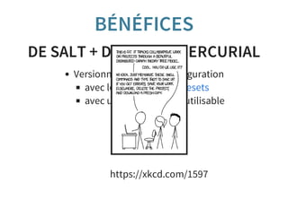 BÉNÉFICES
DE SALT + DOCKER + MERCURIAL
Versionnement de la configuration
avec les
avec une UI à peu près utilisable
mutable changesets
https://xkcd.com/1597
 