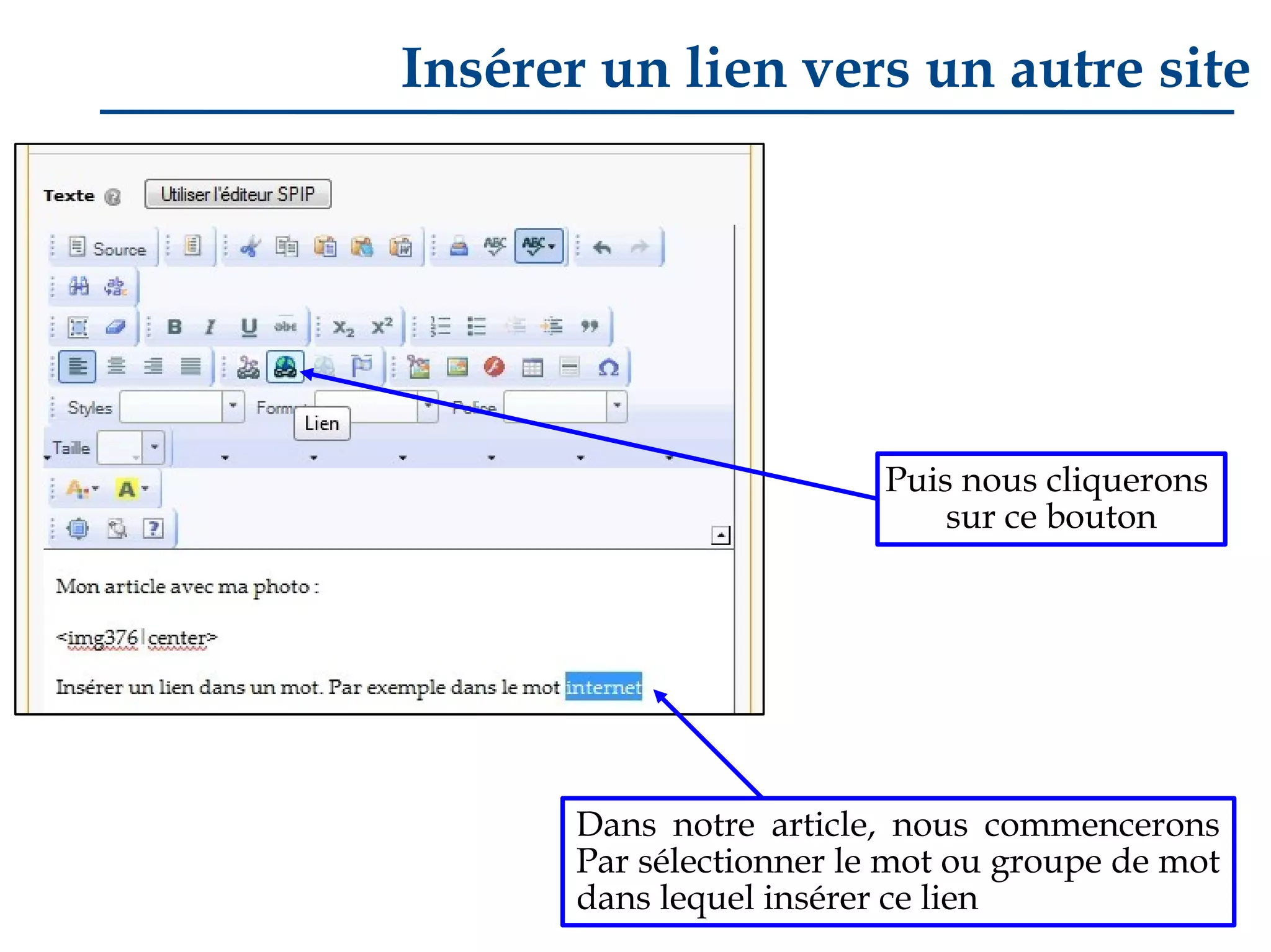 Insérer un lien vers un autre site

Puis nous cliquerons
sur ce bouton

Dans notre article, nous commencerons
Par sélectionner le mot ou groupe de mot
dans lequel insérer ce lien

 