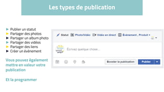 Les types de publication
► Publier un statut
► Partager des photos
► Partager un album photo
► Partager des vidéos
► Partager des liens
► Créer un évènement
Vous pouvez également
mettre en valeur votre
publication
Et la programmer
 
