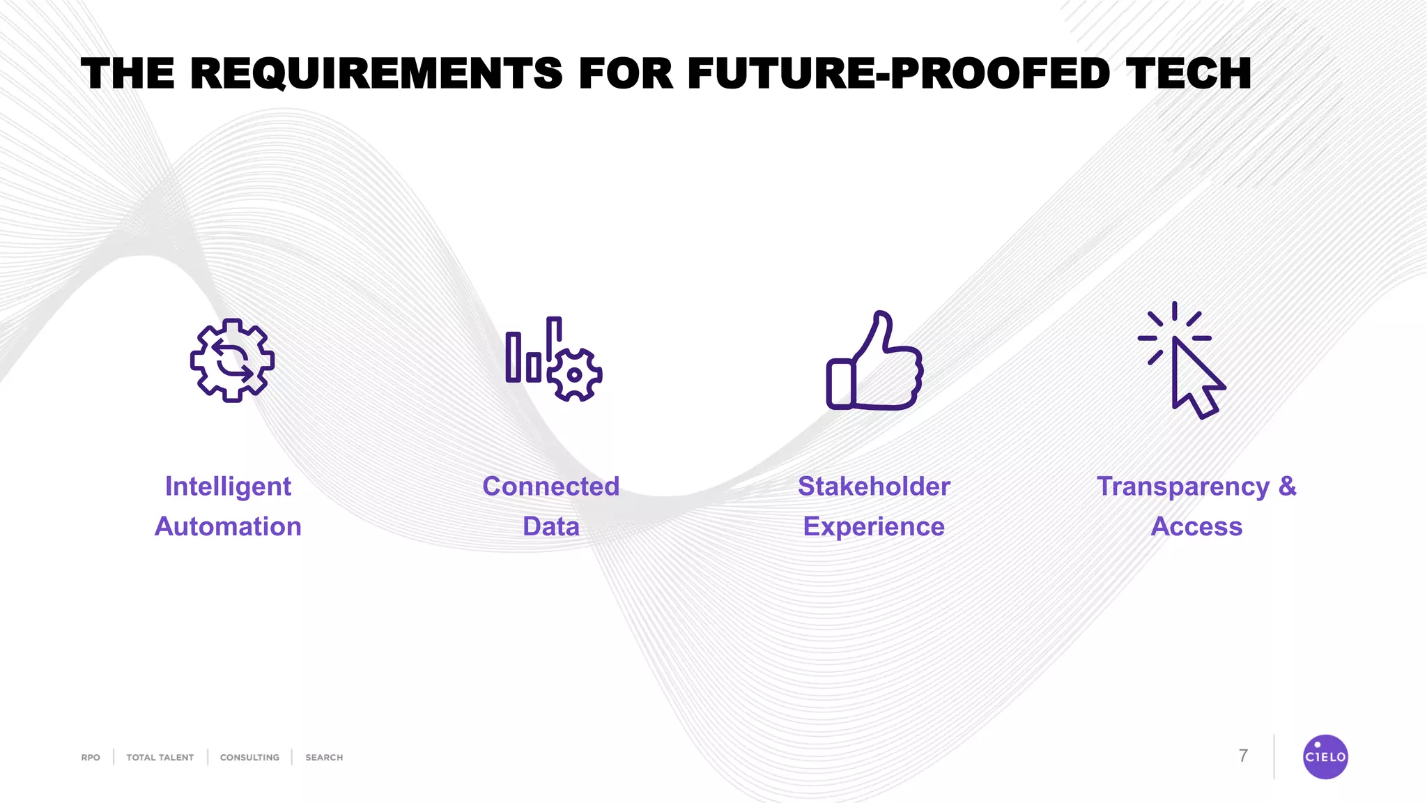 7
THE REQUIREMENTS FOR FUTURE-PROOFED TECH
Intelligent
Automation
Connected
Data
Stakeholder
Experience
Transparency &
Access
 