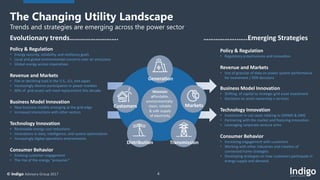 4© Indigo Advisory Group 2017
The Changing Utility Landscape
Trends and strategies are emerging across the power sector
Policy & Regulation
• Energy security, reliability, and resiliency goals
• Local and global environmental concerns over air emissions
• Global energy access imperatives
Revenue and Markets
• Flat or declining load in the U.S., EU, and Japan
• Increasingly diverse participation in power markets
• 60% of grid assets will need replacement this decade
Business Model Innovation
• New business models emerging at the grid edge
• Increased interactions with other sectors
Technology Innovation
• Renewable energy cost reductions
• Innovations in data, intelligence, and system optimization
• Increasingly digital operations environments
Consumer Behavior
• Evolving customer engagement
• The rise of the energy “prosumer”
Maintain
affordable,
environmentally
clean, reliable
& safe supply
of electricity
Generation
Customers
Distribution Transmission
Markets
Policy & Regulation
• Regulatory proactiveness and innovation
Revenue and Markets
• Use of granular of data on power system performance
for investment / DER decisions
Business Model Innovation
• Shifting of capital to strategic grid asset investment
• Decisions on asset ownership v services
Technology Innovation
• Investment in use cases relating to DERMS & DMS
• Partnering with the market and fostering innovation
• Leveraging corporate venture arms
Consumer Behavior
• Increasing engagement with customers
• Working with other industries and creation of
connected home strategies
• Developing strategies on how customers participate in
energy supply and demand
Evolutionary trends………………………. ………………..…..Emerging Strategies
 