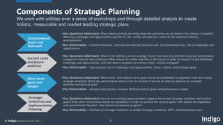 9© Indigo Advisory Group 2017
• Key Questions Addressed: What industry trends are being observed and where do we believe the industry is headed?
What key challenges and opportunities specific to the utility will arise as a result of the expected industry
developments?
• Key Deliverables - Scenario Planning , External and Internal Outreach and Environmental Scan, List of challenges and
opportunities
• Key Questions Addressed: What is the Utilities current strategic focus? How does the Utilities focus and performance
compare to industry best practices? What should the utility look like in the future in order to respond to the identified
challenges and opportunities, and how does it compare to existing vision, mission and goals?
• Key Deliverables - Gap Analysis, List of challenges and opportunities, Vision, mission and strategic goals
• Key Questions Addressed: Which short- and medium-term goals should be established in alignment with the overall
strategic ambition? Which key performance metrics will let us know if we are on track to achieve our strategic
ambition and tactical goals?
• Key Deliverables - Industry best practice analysis, Defined tactical goals and performance targets
• Key Questions Addressed: How do our existing capital portfolio support the revised strategic ambition and tactical
goals? What other investments should be considered in order to achieve the tactical goals? How should we implement
and communicate the plan? How should we measure progress?
• Key Deliverables - Portfolio of strategic initiatives to enable strategic ambitions, KPI’s, Implementation plan
Components of Strategic Planning
We work with utilities over a series of workshops and through detailed analysis to create
holistic, measurable and market leading strategic plans
Environmental
Scans and
Outreach
Current state
and future
ambition
Short-term
goals and
targets
Strategic
initiatives and
Implementation
Planning
 