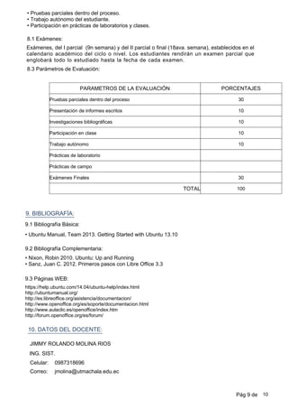 •Pruebas parciales dentro del proceso.
•Trabajo autónomo del estudiante.
•Participación en prácticas de laboratorios y clases.
8.1 Exámenes:
Exámenes, del I parcial (9n semana) y del II parcial o final (18ava. semana), establecidos en el
calendario académico del ciclo o nivel. Los estudiantes rendirán un examen parcial que
englobará todo lo estudiado hasta la fecha de cada examen.
8.3 Parámetros de Evaluación:
9. BIBLIOGRAFÍA:
9.1 Bibliografía Básica:
•Ubuntu Manual, Team 2013. Getting Started with Ubuntu 13.10
9.2 Bibliografía Complementaria:
•Nixon, Robin 2010. Ubuntu: Up and Running
•Sanz, Juan C. 2012. Primeros pasos con Libre Office 3.3
9.3 Páginas WEB:
https://help.ubuntu.com/14.04/ubuntu-help/index.html
http://ubuntumanual.org/
http://es.libreoffice.org/asistencia/documentacion/
http://www.openoffice.org/es/soporte/documentacion.html
http://www.aulaclic.es/openoffice/index.htm
http://forum.openoffice.org/es/forum/
PARAMETROS DE LA EVALUACIÓN PORCENTAJES
30Pruebas parciales dentro del proceso
10Presentación de informes escritos
10Investigaciones bibliográficas
10Participación en clase
10Trabajo autónomo
Prácticas de laboratorio
Prácticas de campo
30Exámenes Finales
100TOTAL
10. DATOS DEL DOCENTE:
jmolina@utmachala.edu.ec
0987318696Celular:
Correo:
ING. SIST.
JIMMY ROLANDO MOLINA RIOS
Pág 9 de 10
 