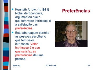 Kenneth Arrow, (n.1921)
s
    Nobel de Economia, 
                                        Preferências
    argumentou que o 
    que tem valor intrínseco é 
    a satisfação das 
    preferências.
s   Esta abordagem permite 
    às pessoas escolher o 
    que tem valor 
    intrínseco. Valor 
    intrínseco é o que 
    que satisfaz as 
    preferências de uma  
    pessoa.

02-06-12                  © CEFi - MH              15
 