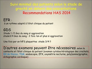 EFR :
à un rythme adapté à l’état clinique du patient
GDS
Stade 1 /2 Gaz du sang si aggravation
stade3/4 Gaz du sang : 2 fois /an et plus si aggravation
Une fois par an NFS plaquettes stade 3/4 !!
D’autres examens peuvent être nécessaires selon le
contexte et l’état clinique du patient (examen cytobactériologique des crachats,
RX de thorax, TDM, endoscopie, EFX, oxymétrie nocturne, poly(somno)graphie,
échographie cardiaque)
Suivi minimal des patients selon le stade de
gravité en dehors des exacerbations
Recommandations HAS 2014
 