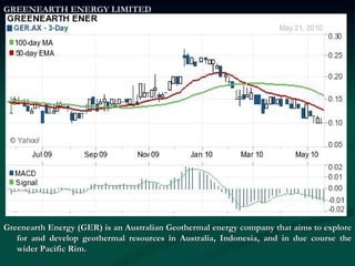 GREENEARTH ENERGY LIMITED Greenearth Energy (GER) is an Australian Geothermal energy company that aims to explore for and develop geothermal resources in Australia, Indonesia, and in due course the wider Pacific Rim.  