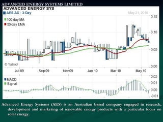 ADVANCED ENERGY SYSTEMS LIMITED Advanced Energy Systems (AES) is an Australian based company engaged in research, development and marketing of renewable energy products with a particular focus on solar energy. 