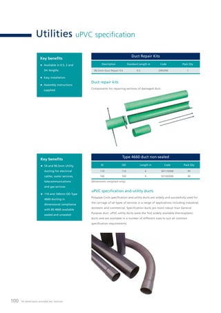 100 All dimensions provided are nominal.
Utilities uPVC specification
Duct Repair Kits
Description Standard Length m Code Pack Qty
96.5mm Duct Repair Kit 0.5 DRK096 1
Duct repair kits
Components for repairing sections of damaged duct.
uPVC specification and utility ducts
Polypipe Civils specification and utility ducts are widely and successfully used for
the carriage of all types of services in a range of applications including industrial,
domestic and commercial. Specification ducts are more robust than General
Purpose duct. uPVC utility ducts were the first widely available thermoplastic
ducts and are available in a number of different sizes to suit all common
specification requirements.
Key benefits
Available in 0.5, 2 and
3m lengths
Easy installation
Assembly instructions
supplied
Key benefits
54 and 96.5mm Utility
ducting for electrical
cables, water services,
telecommunications
and gas services
110 and 160mm OD Type
4660 ducting in
dimensional compliance
with BS 4660 available
sealed and unsealed
Type 4660 duct non-sealed
ID OD Length m Code Pack Qty
110 116 6 SD110X6B 95
160 169 6 SD160X6B 46
(dimensions compliant only)
 