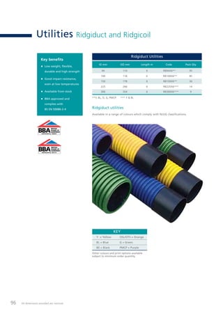 96 All dimensions provided are nominal.
Utilities Ridgiduct and Ridgicoil
Ridgiduct utilities
Available in a range of colours which comply with NJUG classifications.
Key benefits
Low weight, flexible,
durable and high strength
Good impact resistance,
even at low temperatures
Available from stock
BBA approved and
complies with
BS EN 50086-2-4
Ridgiduct Utilities
ID mm OD mm Length m Code Pack Qty
94 110 6 RB94X6** 95
100 118 6 RB100X6** 85
150 178 6 RB150X6** 36
225 266 6 RB225X6*** 14
300 354 6 RB300X6*** 9
**Y, BL, O, G, PMCP *** Y & BL
Other colours and print options available
subject to minimum order quantity.
KEY
Y = Yellow OSL/OTS = Orange
BL = Blue G = Green
BE = Black PMCP = Purple
BBA
BRITISH
BOARD OF
AGRÉMENT
CERTIFICATE No. 90/R049
BBA
BRITISH
BOARD OF
AGRÉMENT
CERTIFICATE No. 89/2175
BBA
BRITISH
BOARD OF
AGRÉMENT
CERTIFICATE No. 00/3678
BBA
BRITISH
BOARD OF
AGRÉMENT
CERTIFICATE No. 02/H068
BBA
BRITISH
BOARD OF
AGRÉMENT
CERTIFICATE No. 00/3678
BBA
BRITISH
BOARD OF
AGRÉMENT
CERTIFICATE No. 02/H068
BBA
BRITISH
BOARD OF
AGRÉMENT
CERTIFICATE No. 90/R049
BBA
BRITISH
BOARD OF
AGRÉMENT
CERTIFICATE No. 89/2175
BBA
BRITISH
BOARD OF
AGRÉMENT
CERTIFICATE No. 00/3678
BBA
BRITISH
BOARD OF
AGRÉMENT
CERTIFICATE No. 02/H068
BBA
BRITISH
BOARD OF
AGRÉMENT
CERTIFICATE No. 00/3678
BBA
BRITISH
BOARD OF
AGRÉMENT
CERTIFICATE No. 02/H068
 