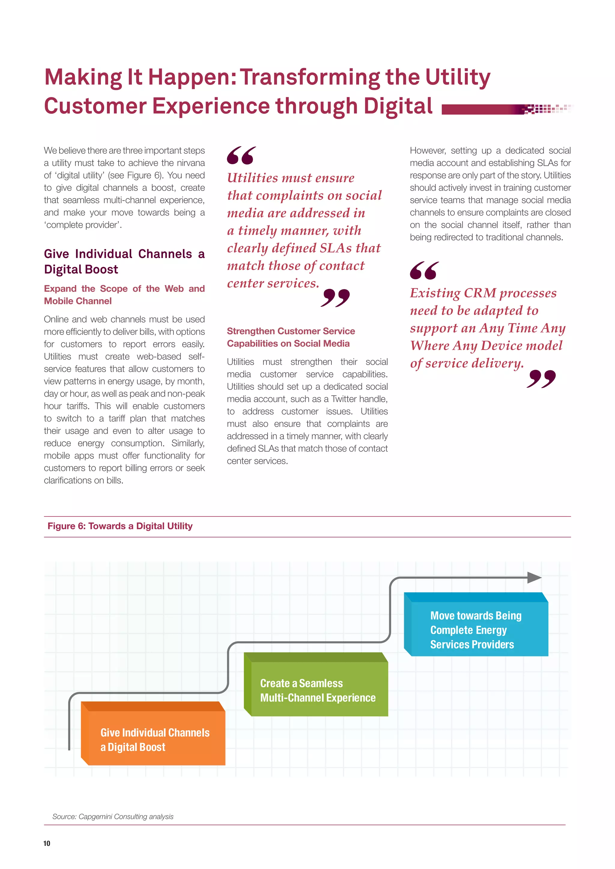 10 
Making It Happen: Transforming the Utility Customer Experience through Digital 
We believe there are three important steps a utility must take to achieve the nirvana of ‘digital utility’ (see Figure 6). You need to give digital channels a boost, create that seamless multi-channel experience, and make your move towards being a ‘complete provider’. 
Give Individual Channels a Digital Boost 
Expand the Scope of the Web and Mobile Channel 
Online and web channels must be used more efficiently to deliver bills, with options for customers to report errors easily. Utilities must create web-based self- service features that allow customers to view patterns in energy usage, by month, day or hour, as well as peak and non-peak hour tariffs. This will enable customers to switch to a tariff plan that matches their usage and even to alter usage to reduce energy consumption. Similarly, mobile apps must offer functionality for customers to report billing errors or seek clarifications on bills. 
Strengthen Customer Service Capabilities on Social Media 
Utilities must strengthen their social media customer service capabilities. Utilities should set up a dedicated social media account, such as a Twitter handle, to address customer issues. Utilities must also ensure that complaints are addressed in a timely manner, with clearly defined SLAs that match those of contact center services. 
Figure 6: Towards a Digital Utility 
Source: Capgemini Consulting analysis 
Existing CRM processes need to be adapted to support an Any Time Any Where Any Device model of service delivery. 
Utilities must ensure that complaints on social media are addressed in a timely manner, with clearly defined SLAs that match those of contact center services. 
However, setting up a dedicated social media account and establishing SLAs for response are only part of the story. Utilities should actively invest in training customer service teams that manage social media channels to ensure complaints are closed on the social channel itself, rather than being redirected to traditional channels. 
Give Individual Channels a Digital BoostMove towards BeingComplete EnergyServices ProvidersCreate a Seamless Multi-Channel Experience  