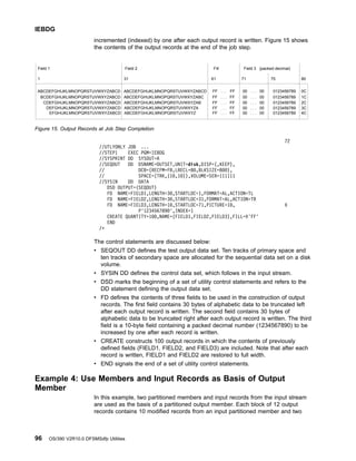 incremented (indexed) by one after each output record is written. Figure 15 shows
the contents of the output records at the end of the job step.
72
//UTLYONLY JOB ...
//STEP1 EXEC PGM=IEBDG
//SYSPRINT DD SYSOUT=A
//SEQOUT DD DSNAME=OUTSET,UNIT=disk,DISP=(,KEEP),
// DCB=(RECFM=FB,LRECL=80,BLKSIZE=800),
// SPACE=(TRK,(10,10)),VOLUME=SER=111111
//SYSIN DD DATA
DSD OUTPUT=(SEQOUT)
FD NAME=FIELD1,LENGTH=30,STARTLOC=1,FORMAT=AL,ACTION=TL
FD NAME=FIELD2,LENGTH=30,STARTLOC=31,FORMAT=AL,ACTION=TR
FD NAME=FIELD3,LENGTH=10,STARTLOC=71,PICTURE=10, X
P'1234567890',INDEX=1
CREATE QUANTITY=100,NAME=(FIELD1,FIELD2,FIELD3),FILL=X'FF'
END
/*
The control statements are discussed below:
v SEQOUT DD defines the test output data set. Ten tracks of primary space and
ten tracks of secondary space are allocated for the sequential data set on a disk
volume.
v SYSIN DD defines the control data set, which follows in the input stream.
v DSD marks the beginning of a set of utility control statements and refers to the
DD statement defining the output data set.
v FD defines the contents of three fields to be used in the construction of output
records. The first field contains 30 bytes of alphabetic data to be truncated left
after each output record is written. The second field contains 30 bytes of
alphabetic data to be truncated right after each output record is written. The third
field is a 10-byte field containing a packed decimal number (1234567890) to be
increased by one after each record is written.
v CREATE constructs 100 output records in which the contents of previously
defined fields (FIELD1, FIELD2, and FIELD3) are included. Note that after each
record is written, FIELD1 and FIELD2 are restored to full width.
v END signals the end of a set of utility control statements.
Example 4: Use Members and Input Records as Basis of Output
Member
In this example, two partitioned members and input records from the input stream
are used as the basis of a partitioned output member. Each block of 12 output
records contains 10 modified records from an input partitioned member and two
ABCDEFGHIJKLMNOPQRSTUVWXYZABCD ABCDEFGHIJKLMNOPQRSTUVWXYZABCD
BCDEFGHIJKLMNOPQRSTUVWXYZABCD ABCDEFGHIJKLMNOPQRSTUVWXYZABC
CDEFGHIJKLMNOPQRSTUVWXYZABCD ABCDEFGHIJKLMNOPQRSTUVWXYZAB
DEFGHIJKLMNOPQRSTUVWXYZABCD ABCDEFGHIJKLMNOPQRSTUVWXYZA
EFGHIJKLMNOPQRSTUVWXYZABCD ABCDEFGHIJKLMNOPQRSTUVWXYZ
FF . . . FF 00 . . . 00 0123456789
0123456789
0123456789
0123456789
0123456789
FF . . . FF 00 . . . 00
FF . . . FF 00 . . . 00
FF . . . FF 00 . . . 00
FF . . . FF 00 . . . 00
0C
1C
2C
3C
4C
1 31 61 71 75 80
Field 1 Field 2 Fill Field 3 (packed decimal)
Figure 15. Output Records at Job Step Completion
IEBDG
96 OS/390 V2R10.0 DFSMSdfp Utilities
 