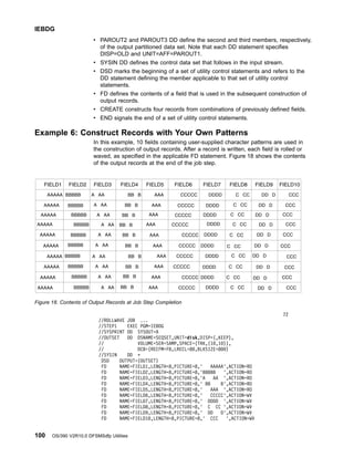 v PAROUT2 and PAROUT3 DD define the second and third members, respectively,
of the output partitioned data set. Note that each DD statement specifies
DISP=OLD and UNIT=AFF=PAROUT1.
v SYSIN DD defines the control data set that follows in the input stream.
v DSD marks the beginning of a set of utility control statements and refers to the
DD statement defining the member applicable to that set of utility control
statements.
v FD defines the contents of a field that is used in the subsequent construction of
output records.
v CREATE constructs four records from combinations of previously defined fields.
v END signals the end of a set of utility control statements.
Example 6: Construct Records with Your Own Patterns
In this example, 10 fields containing user-supplied character patterns are used in
the construction of output records. After a record is written, each field is rolled or
waved, as specified in the applicable FD statement. Figure 18 shows the contents
of the output records at the end of the job step.
72
//ROLLWAVE JOB ...
//STEP1 EXEC PGM=IEBDG
//SYSPRINT DD SYSOUT=A
//OUTSET DD DSNAME=SEQSET,UNIT=disk,DISP=(,KEEP),
// VOLUME=SER=SAMP,SPACE=(TRK,(10,10)),
// DCB=(RECFM=FB,LRECL=80,BLKSIZE=800)
//SYSIN DD *
DSD OUTPUT=(OUTSET)
FD NAME=FIELD1,LENGTH=8,PICTURE=8,' AAAAA',ACTION=RO
FD NAME=FIELD2,LENGTH=8,PICTURE=8,'BBBBB ',ACTION=RO
FD NAME=FIELD3,LENGTH=8,PICTURE=8,'A AA ',ACTION=RO
FD NAME=FIELD4,LENGTH=8,PICTURE=8,' BB B',ACTION=RO
FD NAME=FIELD5,LENGTH=8,PICTURE=8,' AAA ',ACTION=RO
FD NAME=FIELD6,LENGTH=8,PICTURE=8,' CCCCC',ACTION=WV
FD NAME=FIELD7,LENGTH=8,PICTURE=8,' DDDD ',ACTION=WV
FD NAME=FIELD8,LENGTH=8,PICTURE=8,' C CC ',ACTION=WV
FD NAME=FIELD9,LENGTH=8,PICTURE=8,' DD D',ACTION=WV
FD NAME=FIELD10,LENGTH=8,PICTURE=8,' CCC ',ACTION=WV
Figure 18. Contents of Output Records at Job Step Completion
IEBDG
100 OS/390 V2R10.0 DFSMSdfp Utilities
 