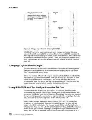 IEBGENER cannot be used to edit a data set if the input and output data sets
consist of variable spanned (VS) or variable blocked spanned (VBS) records and
have equal block sizes and logical record lengths. In these cases, any utility control
statements that specify editing are ignored. That is, for each physical record read
from the input data set, the utility writes an unedited physical record on the output
data set.
Changing Logical Record Length
You can use IEBGENER to produce a reblocked output data set containing either
fixed-length or variable-length records having a logical record length that differs
from the input logical record length.
When you create a data set with a logical record length that differs from that of the
input data set, you must specify where each byte in the output records is to come
(either from literals or from input records). Any unspecified fields will contain
unpredictable data. You cannot alter the logical record length if both the input and
output data sets have variable or variable blocked record formats.
Using IEBGENER with Double-Byte Character Set Data
You can use IEBGENER to copy, edit, reblock, or print data sets that contain
double-byte character set (DBCS) data. You can also convert sequential data sets
containing DBCS data to partitioned data sets. Double-byte character sets are used
to represent languages too complex to be represented with a single-byte character
set. Japanese, for example, requires a double-byte character set.
DBCS data is typically enclosed in shift-out/shift-in X'0E' and X'0F' single-byte
characters to indicate that the data must be handled as pairs of bytes and not
single bytes. Shift-out indicates that the data is now shifting out of a single-byte
character set string and into a double-byte character set string, and shift-in indicates
that a double-byte character set string is shifting into a single-byte character set
string. You can add or delete the shift-out/shift-in characters using IEBGENER. If
Record
1
Record
2
Record
n
A
A
A
A
B
B
B
B
A
A
A
A
B
B
B
B
A
A
A
A
A
A
A
C
C
C
C
A
A
A
A
C
C
C
C
A
A
A
B
B
B
A
A
A
A
B
B
B
B
C
C
C
A
A
A
A
C
C
C
C
Utility Control statement.
Defines record group, contains
literal replacement data (CCCC).
Applies to all records within
the group.
Record
group
Figure 21. Editing a Sequential Data Set Using IEBGENER
IEBGENER
114 OS/390 V2R10.0 DFSMSdfp Utilities
 