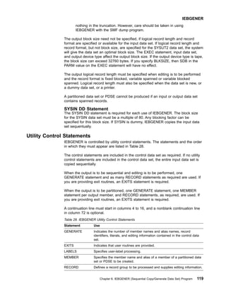 nothing in the truncation. However, care should be taken in using
IEBGENER with the SMF dump program.
The output block size need not be specified, if logical record length and record
format are specified or available for the input data set. If logical record length and
record format, but not block size, are specified for the SYSUT2 data set, the system
will give the data set an optimal block size. The EXEC statement, input data set,
and output device type affect the output block size. If the output device type is tape,
the block size can exceed 32760 bytes. If you specify BLKSIZE, then SDB in the
PARM value on the EXEC statement will have no effect.
The output logical record length must be specified when editing is to be performed
and the record format is fixed blocked, variable spanned or variable blocked
spanned. Logical record length must also be specified when the data set is new, or
a dummy data set, or a printer.
A partitioned data set or PDSE cannot be produced if an input or output data set
contains spanned records.
SYSIN DD Statement
The SYSIN DD statement is required for each use of IEBGENER. The block size
for the SYSIN data set must be a multiple of 80. Any blocking factor can be
specified for this block size. If SYSIN is dummy, IEBGENER copies the input data
set sequentually.
Utility Control Statements
IEBGENER is controlled by utility control statements. The statements and the order
in which they must appear are listed in Table 28.
The control statements are included in the control data set as required. If no utility
control statements are included in the control data set, the entire input data set is
copied sequentially.
When the output is to be sequential and editing is to be performed, one
GENERATE statement and as many RECORD statements as required are used. If
you are providing exit routines, an EXITS statement is required.
When the output is to be partitioned, one GENERATE statement, one MEMBER
statement per output member, and RECORD statements, as required, are used. If
you are providing exit routines, an EXITS statement is required.
A continuation line must start in columns 4 to 16, and a nonblank continuation line
in column 72 is optional.
Table 28. IEBGENER Utility Control Statements
Statement Use
GENERATE Indicates the number of member names and alias names, record
identifiers, literals, and editing information contained in the control data
set.
EXITS Indicates that user routines are provided.
LABELS Specifies user-label processing.
MEMBER Specifies the member name and alias of a member of a partitioned data
set or PDSE to be created.
RECORD Defines a record group to be processed and supplies editing information.
IEBGENER
Chapter 6. IEBGENER (Sequential Copy/Generate Data Set) Program 119
 
