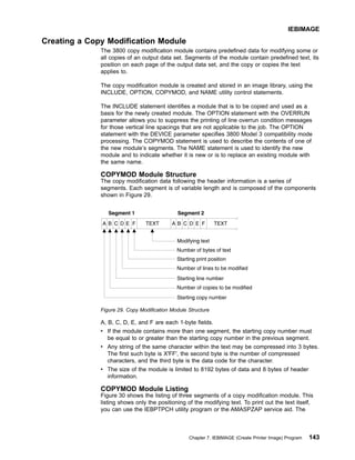 Creating a Copy Modification Module
The 3800 copy modification module contains predefined data for modifying some or
all copies of an output data set. Segments of the module contain predefined text, its
position on each page of the output data set, and the copy or copies the text
applies to.
The copy modification module is created and stored in an image library, using the
INCLUDE, OPTION, COPYMOD, and NAME utility control statements.
The INCLUDE statement identifies a module that is to be copied and used as a
basis for the newly created module. The OPTION statement with the OVERRUN
parameter allows you to suppress the printing of line overrun condition messages
for those vertical line spacings that are not applicable to the job. The OPTION
statement with the DEVICE parameter specifies 3800 Model 3 compatibility mode
processing. The COPYMOD statement is used to describe the contents of one of
the new module’s segments. The NAME statement is used to identify the new
module and to indicate whether it is new or is to replace an existing module with
the same name.
COPYMOD Module Structure
The copy modification data following the header information is a series of
segments. Each segment is of variable length and is composed of the components
shown in Figure 29.
A, B, C, D, E, and F are each 1-byte fields.
v If the module contains more than one segment, the starting copy number must
be equal to or greater than the starting copy number in the previous segment.
v Any string of the same character within the text may be compressed into 3 bytes.
The first such byte is X'FF', the second byte is the number of compressed
characters, and the third byte is the data code for the character.
v The size of the module is limited to 8192 bytes of data and 8 bytes of header
information.
COPYMOD Module Listing
Figure 30 shows the listing of three segments of a copy modification module. This
listing shows only the positioning of the modifying text. To print out the text itself,
you can use the IEBPTPCH utility program or the AMASPZAP service aid. The
Figure 29. Copy Modification Module Structure
IEBIMAGE
Chapter 7. IEBIMAGE (Create Printer Image) Program 143
 