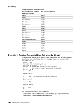 Table 46. Reordered Sequence Numbers
Sequence Numbers and Data
Statements Inserted
New Sequence Numbers
AA010 AA010
AA015 AA015
Data statement 1 AA020
Data statement 2 AA025
Data statement 3 AA030
AA020 AA035
AA025 AA040
AA030 AA045
Data statement 4 AA050
Data statement 5 AA055
Data statement 6 AA060
AA035 (Data statement 7) AA065
AA040 AA070
AA045 AA070
AA050 AA075
BB010 BB010
BB015 BB015
Example 9: Create a Sequential Data Set from Card Input
In this example, IEBUPDTE is used to create a sequential data set from card input.
User header and trailer labels, also from the input stream, are placed on this
sequential data set.
//LABEL JOB ...
//CREATION EXEC PGM=IEBUPDTE,PARM=NEW
//SYSPRINT DD SYSOUT=A
//SYSUT2 DD DSNAME=LABEL,VOLUME=SER=123456,UNIT=disk,
// DISP=(NEW,KEEP),LABEL=(,SUL),SPACE=(TRK,(15,3))
//SYSIN DD *
./ LABEL
(Header labels)
./ ADD LIST=ALL,OUTHDR=ROUTINE1,OUTTLR=ROUTINE2
(Data records)
./ LABEL
(Trailer labels)
./ ENDUP
/*
The control statements are discussed below:
v SYSUT2 DD defines and allocates space for the output sequential data set,
called LABEL, which resides on a disk volume.
IEBUPDTE
240 OS/390 V2R10.0 DFSMSdfp Utilities
 