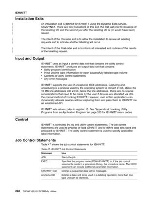 Installation Exits
An installation exit is defined for IEHINITT using the Dynamic Exits service,
CSVDYNEX. There are two invocations of this exit, the first just prior to issuance of
the labelling I/O and the second just after the labelling I/O is (or would have been)
issued.
The intent of the Pre-label exit is to allow the installation to review all labelling
requests and to indicate whether labelling will occur.
The intent of the Post-label exit is to inform all interested exit routines of the results
of the labelling request.
Input and Output
IEHINITT uses as input a control data set that contains the utility control
statements. IEHINITT produces an output data set that contains:
v Utility program identification
v Initial volume label information for each successfully labeled tape volume
v Contents of utility control statements
v Any error messages
IEHINITT supports the use of uncaptured UCB addresses. Capturing and
uncapturing is a process used by the operating system to convert 31 bit, above the
16 MB line addresses into 24 bit, below the line addresses. There are no special
considerations that need to be made by the user if devices are allocated via JCL,
the normal method of invoking IEHINITT. However, user written applications can
dynamically allocate devices without capturing them and pass them to IEHINITT via
an established API.
IEHINITT sets return codes in register 15. See “Appendix A. Invoking Utility
Programs from an Application Program” on page 323 for IEHINITT return codes.
Control
IEHINITT is controlled by job and utility control statements. The job control
statements are used to process or load IEHINITT and to define data sets used and
produced by IEHINITT. The utility control statement is used to specify applicable
label information.
Job Control Statements
Table 47 shows the job control statements for IEHINITT.
Table 47. IEHINITT Job Control Statements
Statement Use
JOB Starts the job.
EXEC Specifies the program name (PGM=IEHINITT) or, if the job control
statements reside in a procedure library, the procedure name. The EXEC
statement can include additional parameter information.
SYSPRINT DD Defines a sequential data set for messages.
anyname DD Defines a tape unit to be used in a labeling operation; more than one
tape unit can be identified.
IEHINITT
248 OS/390 V2R10.0 DFSMSdfp Utilities
|
|
|
|
|
|
|
|
 