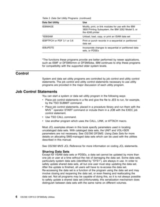 Table 3. Data Set Utility Programs (continued)
Data Set Utility Use
IEBIMAGE Modify, print, or link modules for use with the IBM
3800 Printing Subsystem, the IBM 3262 Model 5, or
the 4248 printer
*IEBISAM Unload, load, copy, or print an ISAM data set
IEBPTPCH or PDF 3.1 or 3.6 Print or punch records in a sequential or partitioned
data set
IEBUPDTE Incorporate changes to sequential or partitioned data
sets, or PDSEs
*The functions these programs provide are better performed by newer applications,
such as ISMF or DFSMSrmm or DFSMSdss. IBM continues to ship these programs
for compatibility with the supported older system levels.
Control
System and data set utility programs are controlled by job control and utility control
statements. The job control and utility control statements necessary to use utility
programs are provided in the major discussion of each utility program.
Job Control Statements
You can start a system or data set utility program in the following ways:
v Place job control statements in a file and give the file to JES to run, for example,
by the TSO SUBMIT command.
v Place job control statements, placed in a procedure library and run them with the
MVS™
operator START command or include them in a JOB with the EXEC job
control statement.
v Use TSO CALL command.
v Use another program which uses the CALL, LINK, or ATTACH macro.
Most JCL examples shown in this book specify parameters used in locating
uncataloged data sets. With cataloged data sets, the UNIT and VOL=SER
parameters are not necessary. See OS/390 DFSMS: Using Data Sets for more
details on allocating SMS-managed data sets which can be used with the utilities
described in this manual.
See OS/390 MVS JCL Reference for more information on coding JCL statements.
Sharing Data Sets
Except for VSAM data sets or PDSEs, a data set cannot be updated by more than
one job or user at a time without the risk of damaging the data set. Some data sets,
particularly system data sets (identified by “SYS1”), are always in use. In order to
safely update shared data sets, all but one user must stop updating the data set.
After the update is finished, all users will have to re-access the data set.
Re-accessing the data set is a function of the program using the data set and may
involve closing and reopening the data set, or even freeing and reallocating the
data set. Not all programs may be capable of doing this, so it is not always possible
to safely update a shared data set.Unfortunately, this serialization mechanism does
distinguish between data sets with the same name on different volumes.
6 OS/390 V2R10.0 DFSMSdfp Utilities
 