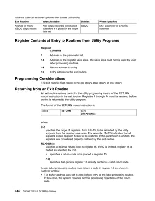Table 68. User-Exit Routines Specified with Utilities (continued)
Exit Routine When Available Utilities Where Specified
Analyze or modify
IEBDG output record
After output record is constructed,
but before it is placed in the output
data set
IEBDG EXIT parameter of CREATE
statement
Register Contents at Entry to Routines from Utility Programs
Programming Considerations
The exit routine must reside in the job library, step library, or link library.
Returning from an Exit Routine
An exit routine returns control to the utility program by means of the RETURN
macro instruction in the exit routine. Registers 1 through 14 must be restored before
control is returned to the utility program.
The format of the RETURN macro instruction is:
[label] RETURN [(r,r)]
[,RC={n|(15)}]
where:
(r,r)
specifies the range of registers, from 0 to 15, to be reloaded by the utility
program from the register save area. For example, (14,12) indicates that all
registers except register 13 are to be restored. If this parameter is omitted, the
registers are considered properly restored by the exit routine.
RC={n|(15)}
specifies a decimal return code in register 15. If RC is omitted, register 15 is
loaded as specified by (r,r).
n specifies a return code to be placed in register 15.
(15)
specifies that general register 15 already contains a valid return code.
A user label processing routine must return a code in register 15 as shown in
Table 69 unless:
v The buffer address was set to zero before entry to the label processing routine.
In this case, the system resumes normal processing regardless of the return
code.
Register
Contents
1 Address of the parameter list.
13 Address of the register save area. The save area must not be used by user
label processing routines.
14 Return address to utility.
15 Entry address to the exit routine.
344 OS/390 V2R10.0 DFSMSdfp Utilities
 