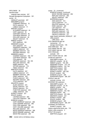 SPCLCMOD 39
standard label
magnetic tape volumes 247
Storage Management Subsystem 301
syntax 23
HDNGLST parameter 327
IEBCOMPR program
COMPARE statement 16
EXITS statement 16
LABELS statement 17
IEBCOPY program
ALTERMOD statement 44
COPY statement 45
COPYGRP statement 46
COPYMOD statement 47
EXCLUDE statement 48
SELECT statement 49
IEBEDIT program
EDIT statement 105
IEBGENER program
EXIT statement 121
GENERATE statement 120
LABELS statement 122
MEMBER statement 123
RECORD statement 123
IEBIMAGE program
CHARSET statement 166, 167
COPYMOD statement 160
FCB statement 156
GRAPHIC statement 164, 165
INCLUDE statement 168
NAME statement 169
OPTION statement 170
TABLE statement 162
IEBPTPCH program
EXITS statement 207
LABELS statement 211
MEMBER statement 208
PRINT statement 203
PUNCH statement 203
RECORD statement 209
TITLE statement 207
IEBUPDTE program
ALIAS statement 231
DETAIL statement 227
ENDUP statement 231
FUNCTION statement 223
LABEL statement 230
IEHINITT program 251
IEHLIST program
LISTPDS statement 265
LISTVTOC statement 266
IEHMOVE program
COPY DSGROUP statement 288
COPY DSNAME statement 286
COPY PDS statement 290
COPY VOLUME statement 292
INCLUDE statement 293
MOVE DSGROUP statement 288
MOVE DSNAME statement 286
MOVE PDS statement 290
syntax 23 (continued)
IEHMOVE program (continued)
MOVE VOLUME statement 292
REPLACE statement 295
SELECT statement 294
IEHPROGM program
ADD statement 312
CATLG statement 311
DELETEP statement 313
EXEC statement 306
LIST statement 314
RENAME statement 310
REPLACE statement 312
SCRATCH statement 308
UNCATLG statement 311
page header parameter, HDNGLST 327
utility program
LINK macro 323
SYS1.IMAGELIB data set
maintaining 137
storage requirements 135
SYS1.MAN tape 320
SYS1.MANX data set 320
SYS1.MANY data set 320
SYS1.PROCLIB
example 233
SYS1.VTOCIX data set 266
SYSIN DD statement
IEBCOMPR program 15
IEBCOPY program 38, 42
IEBEDIT program 104, 265
IEBGENER program 116, 119
IEBIMAGE program 153, 154
IEBPTPCH program 202
IEBUPDTE program 222
IEHINITT program 249, 250
IEHLIST program 264
IEHMOVE program 285
IEHPROGM program 306, 307
SYSOUT data set
example, printing 216
SYSPRINT DD statement
IEBCOMPR program 15
IEBCOPY program 37, 40
IEBEDIT program 104
IEBGENER program 116
IEBIMAGE program 153, 154
IEBISAM program 195
IEBPTPCH program 201, 202
IEBUPDTE program 221
IEHINITT program 248
IEHLIST program 264
IEHMOVE program 283
IEHPROGM program 306, 307
SYSPRINT DD Statement
IEHINITT program 249
system–determined block size 116
system utility programs 5
SYSUT DD program
IEBPTPCH program 201
382 OS/390 V2R10.0 DFSMSdfp Utilities
 
