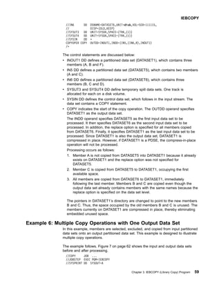 //IN6 DD DSNAME=DATASET6,UNIT=disk,VOL=SER=111115,
// DISP=(OLD,KEEP)
//SYSUT3 DD UNIT=SYSDA,SPACE=(TRK,(1))
//SYSUT4 DD UNIT=SYSDA,SPACE=(TRK,(1))
//SYSIN DD *
COPYOPER COPY OUTDD=INOUT1,INDD=(IN5,(IN6,R),INOUT1)
/*
The control statements are discussed below:
v INOUT1 DD defines a partitioned data set (DATASET1), which contains three
members (A, B and F).
v IN5 DD defines a partitioned data set (DATASET5), which contains two members
(A and C).
v IN6 DD defines a partitioned data set (DATASET6), which contains three
members (B, C and D).
v SYSUT3 and SYSUT4 DD define temporary spill data sets. One track is
allocated for each on a disk volume.
v SYSIN DD defines the control data set, which follows in the input stream. The
data set contains a COPY statement.
v COPY indicates the start of the copy operation. The OUTDD operand specifies
DATASET1 as the output data set.
The INDD operand specifies DATASET5 as the first input data set to be
processed. It then specifies DATASET6 as the second input data set to be
processed. In addition, the replace option is specified for all members copied
from DATASET6. Finally, it specifies DATASET1 as the last input data set to be
processed. Since DATASET1 is also the output data set, DATASET1 is
compressed in place. However, if DATASET1 is a PDSE, the compress-in-place
operation will not be processed.
Processing occurs as follows:
1. Member A is not copied from DATASET5 into DATASET1 because it already
exists on DATASET1 and the replace option was not specified for
DATASET5.
2. Member C is copied from DATASET5 to DATASET1, occupying the first
available space.
3. All members are copied from DATASET6 to DATASET1, immediately
following the last member. Members B and C are copied even though the
output data set already contains members with the same names because the
replace option is specified on the data set level.
The pointers in DATASET1’s directory are changed to point to the new members
B and C. Thus, the space occupied by the old members B and C is unused. The
members currently on DATASET1 are compressed in place, thereby eliminating
embedded unused space.
Example 6: Multiple Copy Operations with One Output Data Set
In this example, members are selected, excluded, and copied from input partitioned
data sets onto an output partitioned data set. This example is designed to illustrate
multiple copy operations.
The example follows. Figure 7 on page 62 shows the input and output data sets
before and after processing.
//COPY JOB ...
//JOBSTEP EXEC PGM=IEBCOPY
//SYSPRINT DD SYSOUT=A
IEBCOPY
Chapter 3. IEBCOPY (Library Copy) Program 59
 