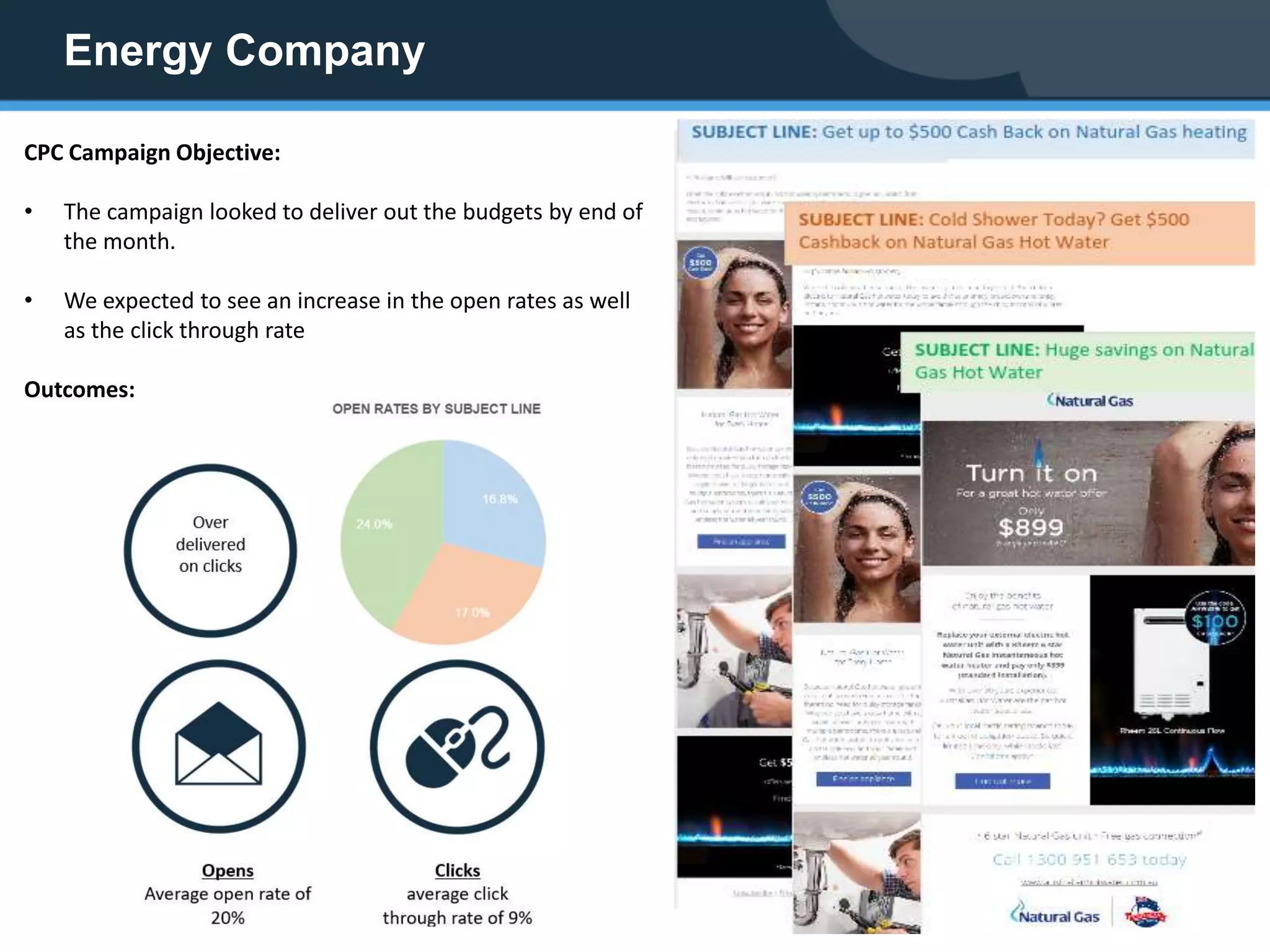 Energy Company
CPC Campaign Objective:
• The campaign looked to deliver out the budgets by end of
the month.
• We expected to see an increase in the open rates as well
as the click through rate
Outcomes: