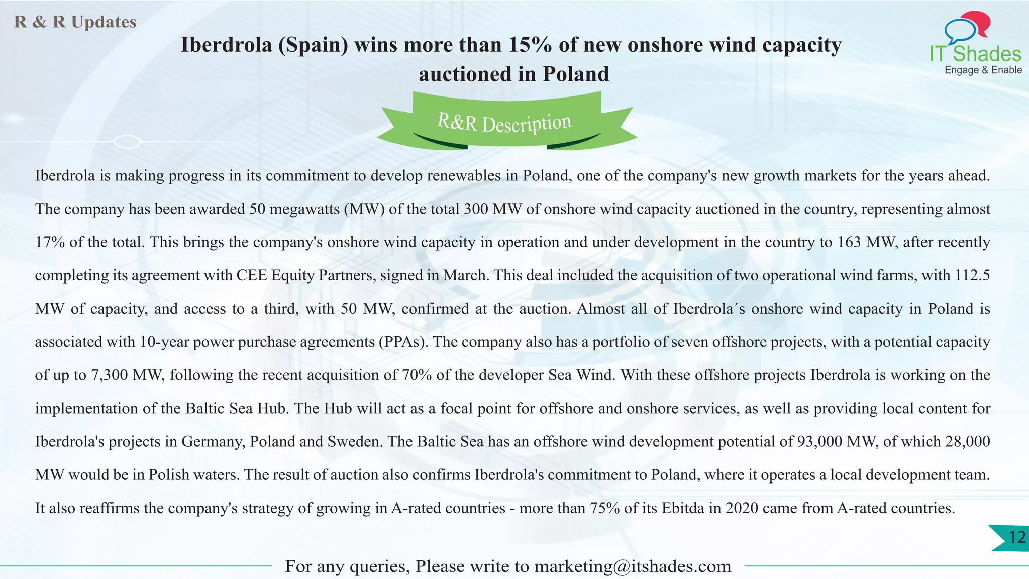 R & R Updates
IT Shades
Engage & Enable
Iberdrola (Spain) wins more than 15% of new onshore wind capacity
auctioned in Poland
For any queries, Please write to marketing@itshades.com
12
Iberdrola is making progress in its commitment to develop renewables in Poland, one of the company's new growth markets for the years ahead.
The company has been awarded 50 megawatts (MW) of the total 300 MW of onshore wind capacity auctioned in the country, representing almost
17% of the total. This brings the company's onshore wind capacity in operation and under development in the country to 163 MW, after recently
completing its agreement with CEE Equity Partners, signed in March. This deal included the acquisition of two operational wind farms, with 112.5
MW of capacity, and access to a third, with 50 MW, confirmed at the auction. Almost all of Iberdrola´s onshore wind capacity in Poland is
associated with 10-year power purchase agreements (PPAs). The company also has a portfolio of seven offshore projects, with a potential capacity
of up to 7,300 MW, following the recent acquisition of 70% of the developer Sea Wind. With these offshore projects Iberdrola is working on the
implementation of the Baltic Sea Hub. The Hub will act as a focal point for offshore and onshore services, as well as providing local content for
Iberdrola's projects in Germany, Poland and Sweden. The Baltic Sea has an offshore wind development potential of 93,000 MW, of which 28,000
MW would be in Polish waters. The result of auction also confirms Iberdrola's commitment to Poland, where it operates a local development team.
It also reaffirms the company's strategy of growing in A-rated countries - more than 75% of its Ebitda in 2020 came from A-rated countries.
R&R Description
 