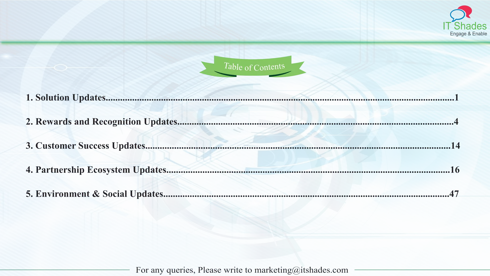 IT Shades
Engage & Enable
For any queries, Please write to marketing@itshades.com
Table of Contents
1. Solution Updates.................................................................................................................................................1
2. Rewards and Recognition Updates...................................................................................................................4
3. Customer Success Updates...............................................................................................................................14
4. Partnership Ecosystem Updates......................................................................................................................16
5. Environment & Social Updates.......................................................................................................................47
 