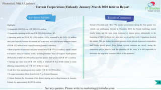 Financial, M&A Updates
IT Shades
Engage & Enable
Fortum Corporation (Finland): January-March 2020 Interim Report
Highlights
• Comparable EBITDA was EUR 543 (545) million
• Comparable operating profit was EUR 393 (408) million, -4%
• Operating profit was EUR 592 (358) million, +65%, impacted by the EUR 431 million
sales gain from the Joensuu divestment and a one-time, non-cash income statement impact
of EUR -222 million from Uniper becoming Fortum’s subsidiary
• Share of profits of associates and joint ventures was EUR 479 (111) million, mainly related
to Fortum’s share of Uniper’s profits, including Fortum’s share of Uniper’s fourth-quarter
2019 profits of EUR 162 (49) million and first-quarter 2020 profits of EUR 307 (-) million
• Earnings per share were EUR 1.05 (0.38), of which EUR 0.22 (0.04) related to items
affecting comparability and EUR 0.53 (0.06) to Uniper
• Cash flow from operating activities totalled EUR 1,114 (751) million
• No major immediate effects from Covid-19 on Fortum’s business
• Fortum finalised the divestment of its district heating and cooling business in Joensuu,
Finland, for approximately EUR 530 million
Executive Commentary
Fortum’s President and CEO, “The market environment during the first quarter was
volatile and challenging. Already in December 2019, the Nordic hydrology turned
clearly wetter and the same trend continued to depress prices substantially in the
beginning of 2020. In March, the ‘price war’ on oil and the Covid-19 pandemic shocked
the market. This put further downward pressure on the already depressed commodities
and Nordic power prices. Even though several countries are slowly easing the
restrictions put in place to limit the spreading of the virus, it is still impossible to
determine the long-term economic effects of the pandemic.”
For any queries, Please write to marketing@itshades.com
8
Key Financial Highlights
 