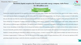 Lore Lorem
ipsum
dolor sit
amet,
consec-
tetuer
Financial, M&A Updates
IT Shades
Engage & Enable
Iberdrola (Spain) acquires the French renewable energy company Aalto Power
for 100 million euros
Iberdrola has signed an agreement for the acquisition of the French renewable energy company Aalto Power External link, opens in a new window., owned by
Aiolos and Caisse des Dépôts et Consignations, for 100 million euros. The company led by Ignacio Galán, who will make a record investment of 10,000 million
this year, thus leads one of the first corporate operations in the European market since the start of the health crisis. Founded in 2005 and based in Marseille, Aalto
Power already has 118 megawatts of onshore wind power operating in France and has a portfolio of onshore wind projects in that country, adding another 636
MW, which are in different stages of development. The operation is part of Iberdrola's commitment to strengthen its presence and growth in renewable energy in
France. In fact, the purchase of Aalto Power will not only provide Iberdrola with the first operating megawatts on French soil, but will also reinforce its plans in
the area of renewable generation, thanks to the projects the company has and its team of professionals, with experience in developing this type of infrastructure.
Iberdrola is already promoting the Saint-Brieuc offshore wind farm in France, of which it acquired 100% of the capital last March and which will involve an
investment of approximately 2.5 billion euros. The 496 MW of power of this complex, which will begin construction in 2021, will come into operation in 2023,
generating enough clean energy to satisfy the electricity consumption of some 835,000 people.
For any queries, Please write to marketing@itshades.com
Description
11
 