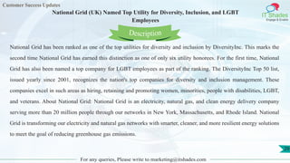 Customer Success Updates
IT Shades
Engage & Enable
National Grid (UK) Named Top Utility for Diversity, Inclusion, and LGBT
Employees
For any queries, Please write to marketing@itshades.com
29
National Grid has been ranked as one of the top utilities for diversity and inclusion by DiversityInc. This marks the
second time National Grid has earned this distinction as one of only six utility honorees. For the first time, National
Grid has also been named a top company for LGBT employees as part of the ranking. The DiversityInc Top 50 list,
issued yearly since 2001, recognizes the nation's top companies for diversity and inclusion management. These
companies excel in such areas as hiring, retaining and promoting women, minorities, people with disabilities, LGBT,
and veterans. About National Grid: National Grid is an electricity, natural gas, and clean energy delivery company
serving more than 20 million people through our networks in New York, Massachusetts, and Rhode Island. National
Grid is transforming our electricity and natural gas networks with smarter, cleaner, and more resilient energy solutions
to meet the goal of reducing greenhouse gas emissions.
Description
 