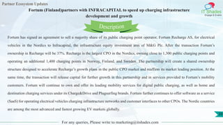 Partner Ecosystem Updates
IT Shades
Engage & Enable
Fortum (Finland)partners with INFRACAPITAL to speed up charging infrastructure
development and growth
For any queries, Please write to marketing@itshades.com
39
Fortum has signed an agreement to sell a majority share of its public charging point operator, Fortum Recharge AS, for electrical
vehicles in the Nordics to Infracapital, the infrastructure equity investment arm of M&G Plc. After the transaction Fortum’s
ownership in Recharge will be 37%. Recharge is the largest CPO in the Nordics, owning close to 1,300 public charging points and
operating an additional 1,400 charging points in Norway, Finland, and Sweden. The partnership will create a shared ownership
structure designed to accelerate Recharge’s growth plans in the public CPO market and reaffirm its market leading position. At the
same time, the transaction will release capital for further growth in this partnership and in services provided to Fortum’s mobility
customers. Fortum will continue to own and offer its leading mobility services for digital public charging, as well as home and
destination charging services under its Charge&Drive and Plugsurfing brands. Fortum further continues to offer software as a service
(SaaS) for operating electrical vehicles charging infrastructure networks and customer interfaces to other CPOs. The Nordic countries
are among the most advanced and fastest growing EV markets globally.
Description
 