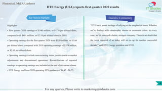 Financial, M&A Updates
IT Shades
Engage & Enable
DTE Energy (USA) reports first quarter 2020 results
Highlights
• First quarter 2020 earnings of $340 million, or $1.76 per diluted share,
compared with $401 million, or $2.19 per diluted share in 2019.
• Operating earnings for the first quarter 2020 were $320 million, or $1.66
per diluted share, compared with 2019 operating earnings of $374 million,
or $2.05 per diluted share.
• Operating earnings exclude non-recurring items, certain mark-to-market
adjustments and discontinued operations. Reconciliations of reported
earnings to operating earnings are included at the end of this news release.
• DTE Energy reaffirms 2020 operating EPS guidance of $6.47 - $6.75.
Executive Commentary
“DTE has a proud heritage of rallying at the toughest of times. Whether
we’re dealing with catastrophic storms or economic crisis, in every
case, we’ve emerged a better, stronger company. There is no doubt that
the work required of us today will set us up for another successful
decade,” said DTE Energy president and CEO.
For any queries, Please write to marketing@itshades.com
4
Key Financial Highlights
 