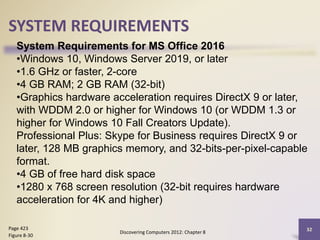 SYSTEM REQUIREMENTS
Discovering Computers 2012: Chapter 8
32
Page 423
Figure 8-30
System Requirements for MS Office 2016
•Windows 10, Windows Server 2019, or later
•1.6 GHz or faster, 2-core
•4 GB RAM; 2 GB RAM (32-bit)
•Graphics hardware acceleration requires DirectX 9 or later,
with WDDM 2.0 or higher for Windows 10 (or WDDM 1.3 or
higher for Windows 10 Fall Creators Update).
Professional Plus: Skype for Business requires DirectX 9 or
later, 128 MB graphics memory, and 32-bits-per-pixel-capable
format.
•4 GB of free hard disk space
•1280 x 768 screen resolution (32-bit requires hardware
acceleration for 4K and higher)
 