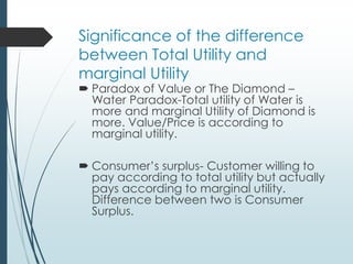 Significance of the difference
between Total Utility and
marginal Utility
 Paradox of Value or The Diamond –
Water Paradox-Total utility of Water is
more and marginal Utility of Diamond is
more. Value/Price is according to
marginal utility.
 Consumer’s surplus- Customer willing to
pay according to total utility but actually
pays according to marginal utility.
Difference between two is Consumer
Surplus.
 
